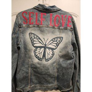 WOMEN'S LARGE  (42-44) CUSTOMIZED JEAN JACKET SELF LOVE STREATCH MATERIAL
